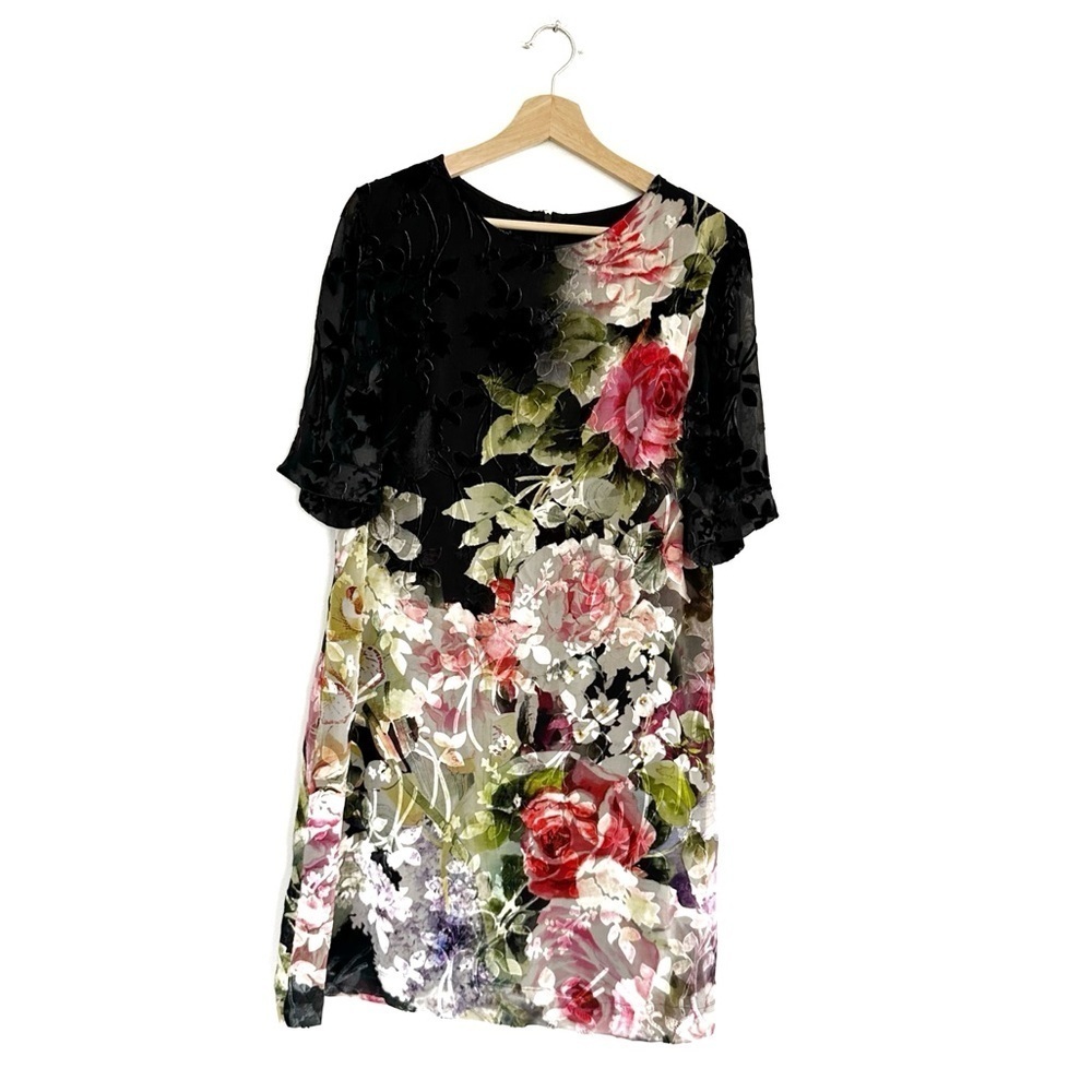 Clips Italy Burnout Velvet Floral Black Shift Dress Designer Womens EU 46 US 10